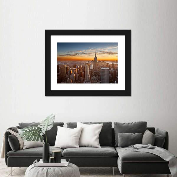 Sunset Over Manhattan New York Canvas Wall Art-3 Horizontal-Gallery Wrap-25" x 16"-Tiaracle