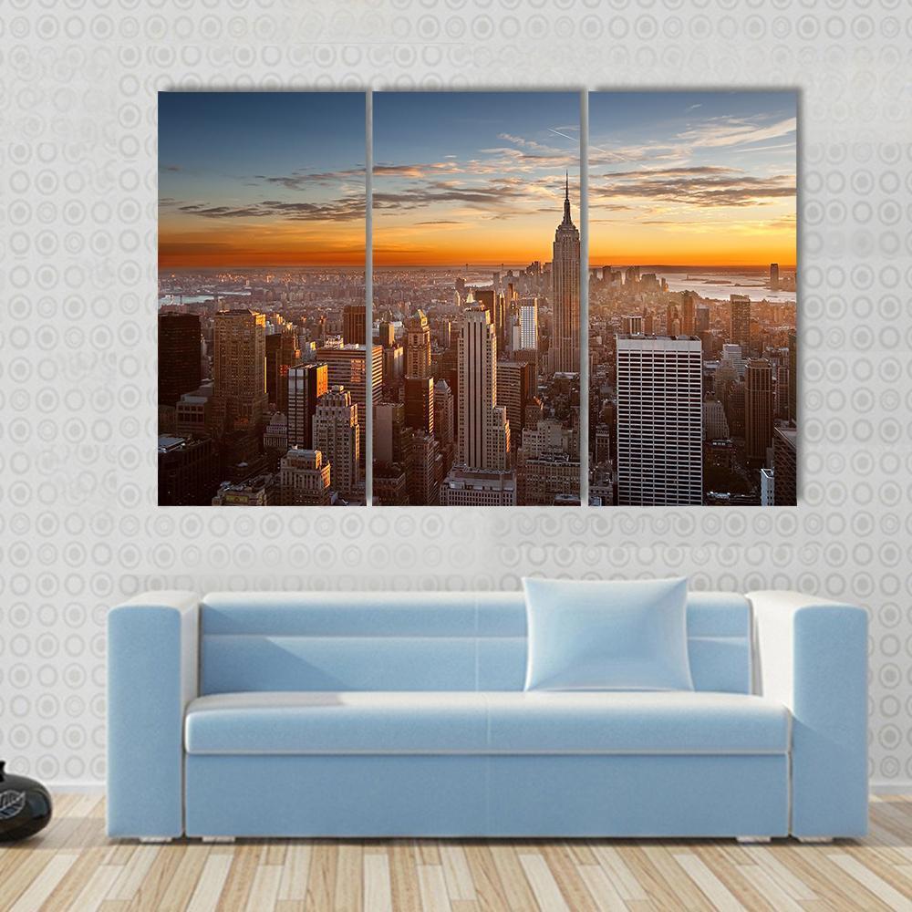 Sunset Over Manhattan New York Canvas Wall Art-3 Horizontal-Gallery Wrap-37" x 24"-Tiaracle