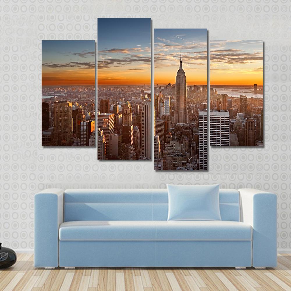 Sunset Over Manhattan New York Canvas Wall Art-4 Pop-Gallery Wrap-50" x 32"-Tiaracle