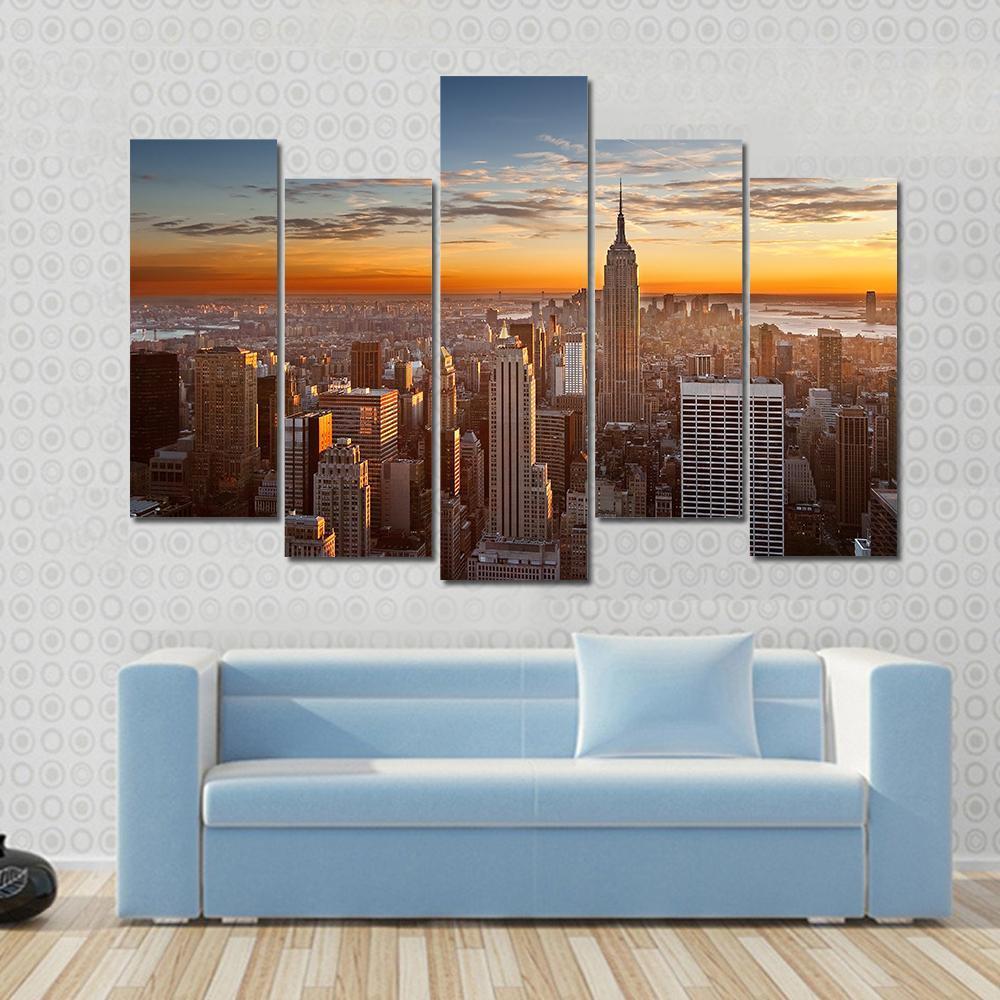 Sunset Over Manhattan New York Canvas Wall Art-5 Pop-Gallery Wrap-47" x 32"-Tiaracle