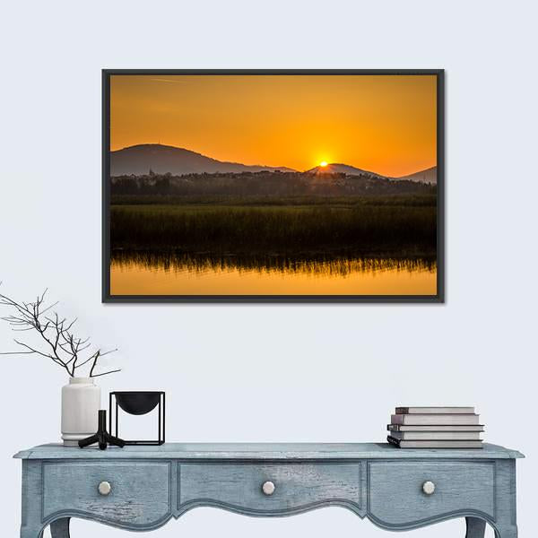 Sunset Over Mountains And Lake In Beskid Slaski Canvas Wall Art-1 Piece-Floating Frame-24" x 16"-Tiaracle