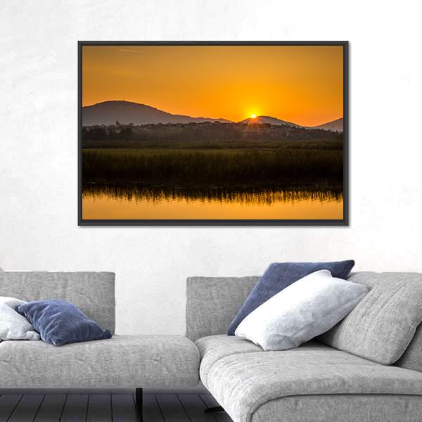 Sunset Over Mountains And Lake In Beskid Slaski Canvas Wall Art-3 Horizontal-Gallery Wrap-25" x 16"-Tiaracle