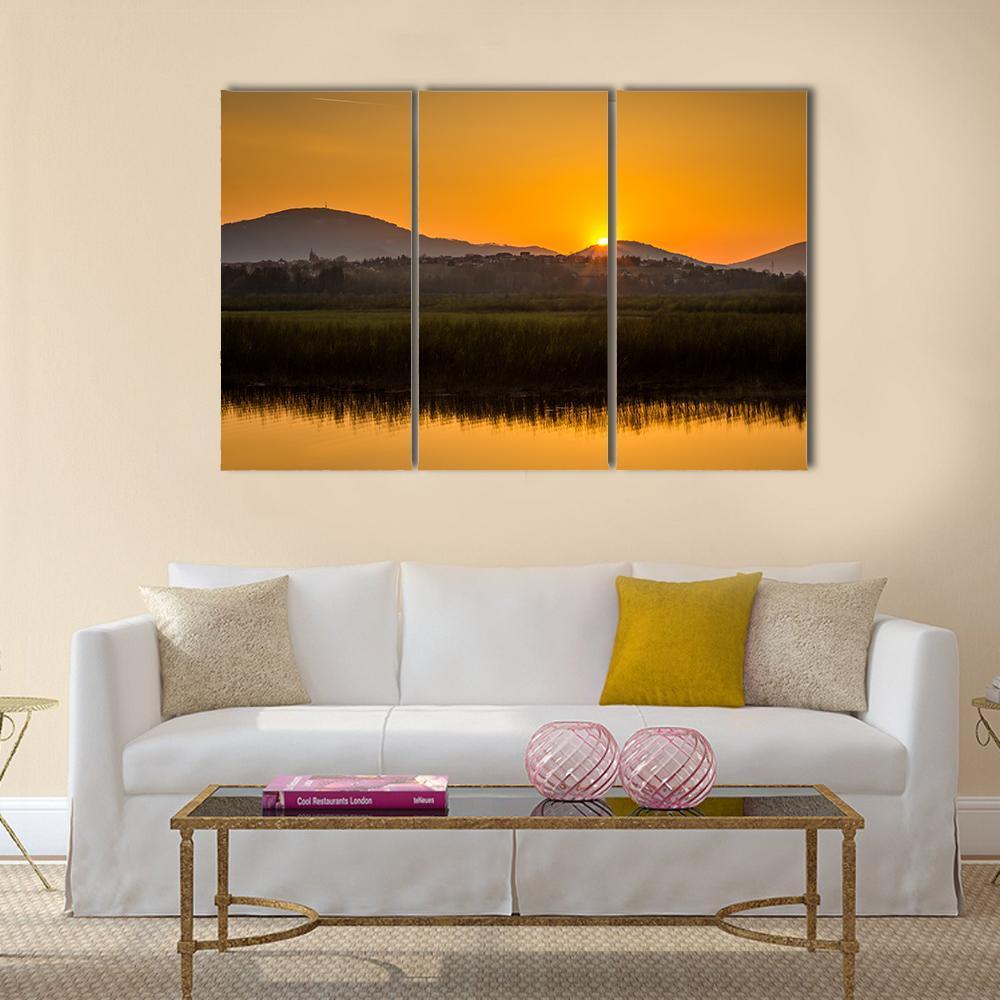 Sunset Over Mountains And Lake In Beskid Slaski Canvas Wall Art-3 Horizontal-Gallery Wrap-37" x 24"-Tiaracle