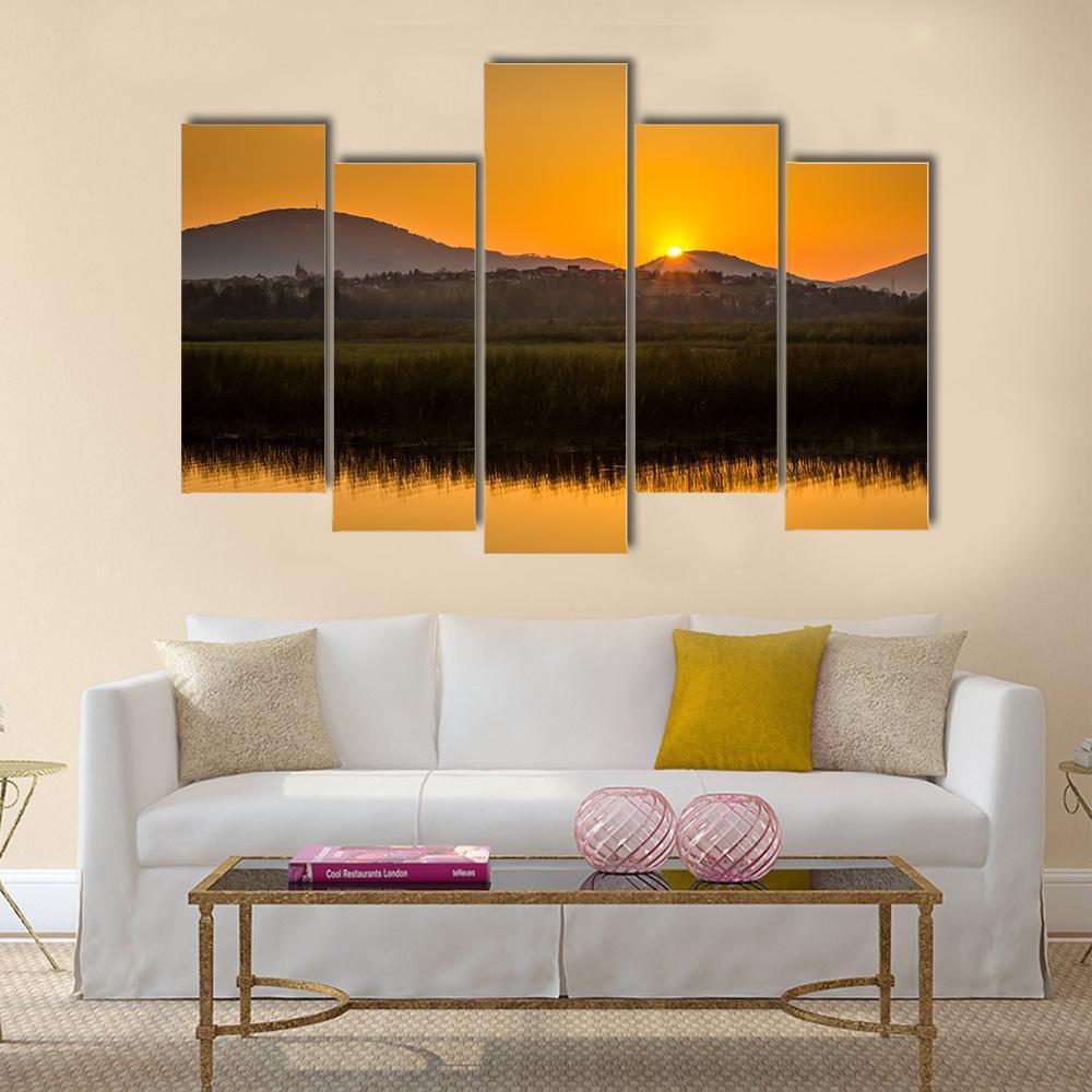 Sunset Over Mountains And Lake In Beskid Slaski Canvas Wall Art-5 Pop-Gallery Wrap-47" x 32"-Tiaracle