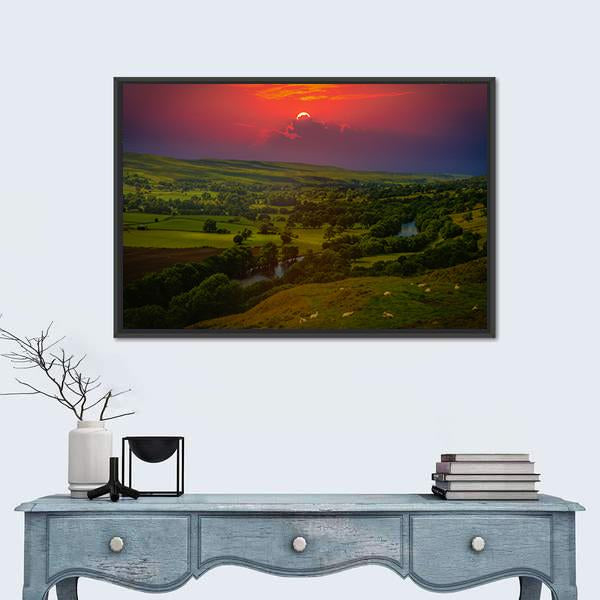 Sunset Over Mountains Canvas Wall Art-1 Piece-Floating Frame-24" x 16"-Tiaracle