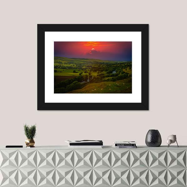Sunset Over Mountains Canvas Wall Art-1 Piece-Framed Print-20" x 16"-Tiaracle