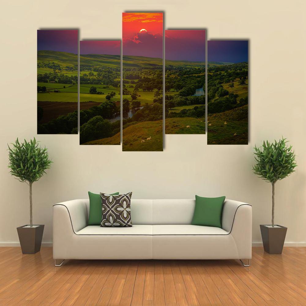 Sunset Over Mountains Canvas Wall Art-5 Pop-Gallery Wrap-47" x 32"-Tiaracle