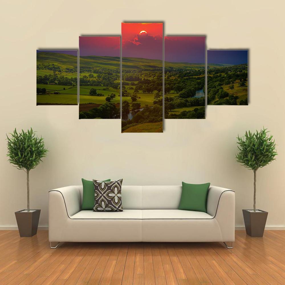 Sunset Over Mountains Canvas Wall Art-5 Star-Gallery Wrap-62" x 32"-Tiaracle
