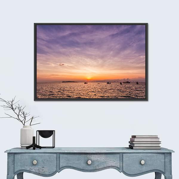 Sunset Over Ocean Beach Canvas Wall Art-1 Piece-Floating Frame-24" x 16"-Tiaracle