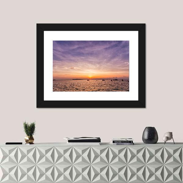 Sunset Over Ocean Beach Canvas Wall Art-1 Piece-Framed Print-20" x 16"-Tiaracle