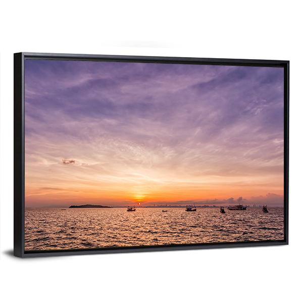 Sunset Over Ocean Beach Canvas Wall Art-3 Horizontal-Gallery Wrap-25" x 16"-Tiaracle