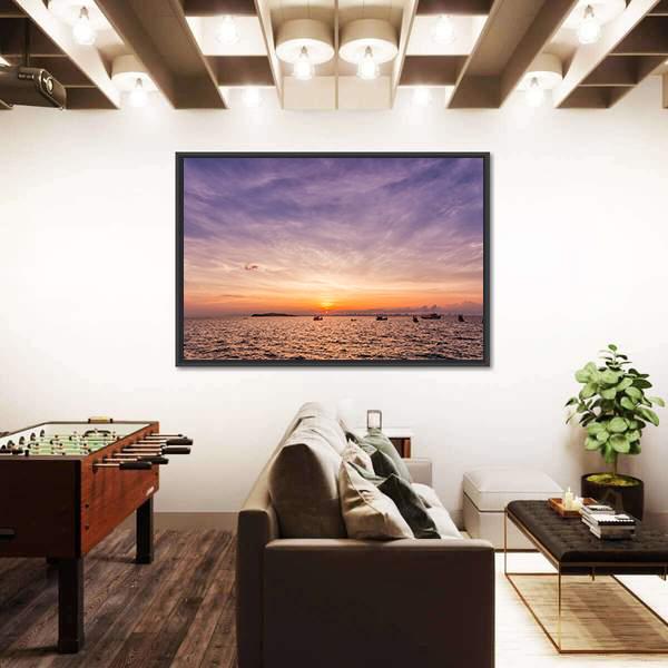 Sunset Over Ocean Beach Canvas Wall Art-3 Horizontal-Gallery Wrap-25" x 16"-Tiaracle