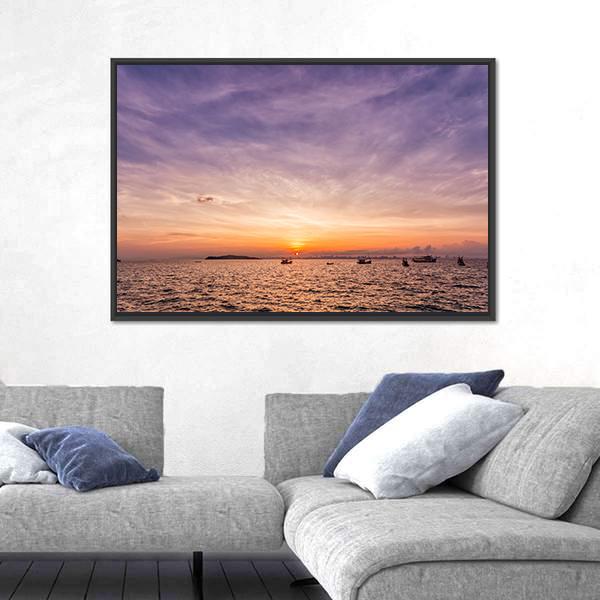 Sunset Over Ocean Beach Canvas Wall Art-3 Horizontal-Gallery Wrap-25" x 16"-Tiaracle