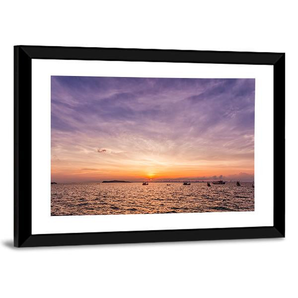Sunset Over Ocean Beach Canvas Wall Art-3 Horizontal-Gallery Wrap-25" x 16"-Tiaracle