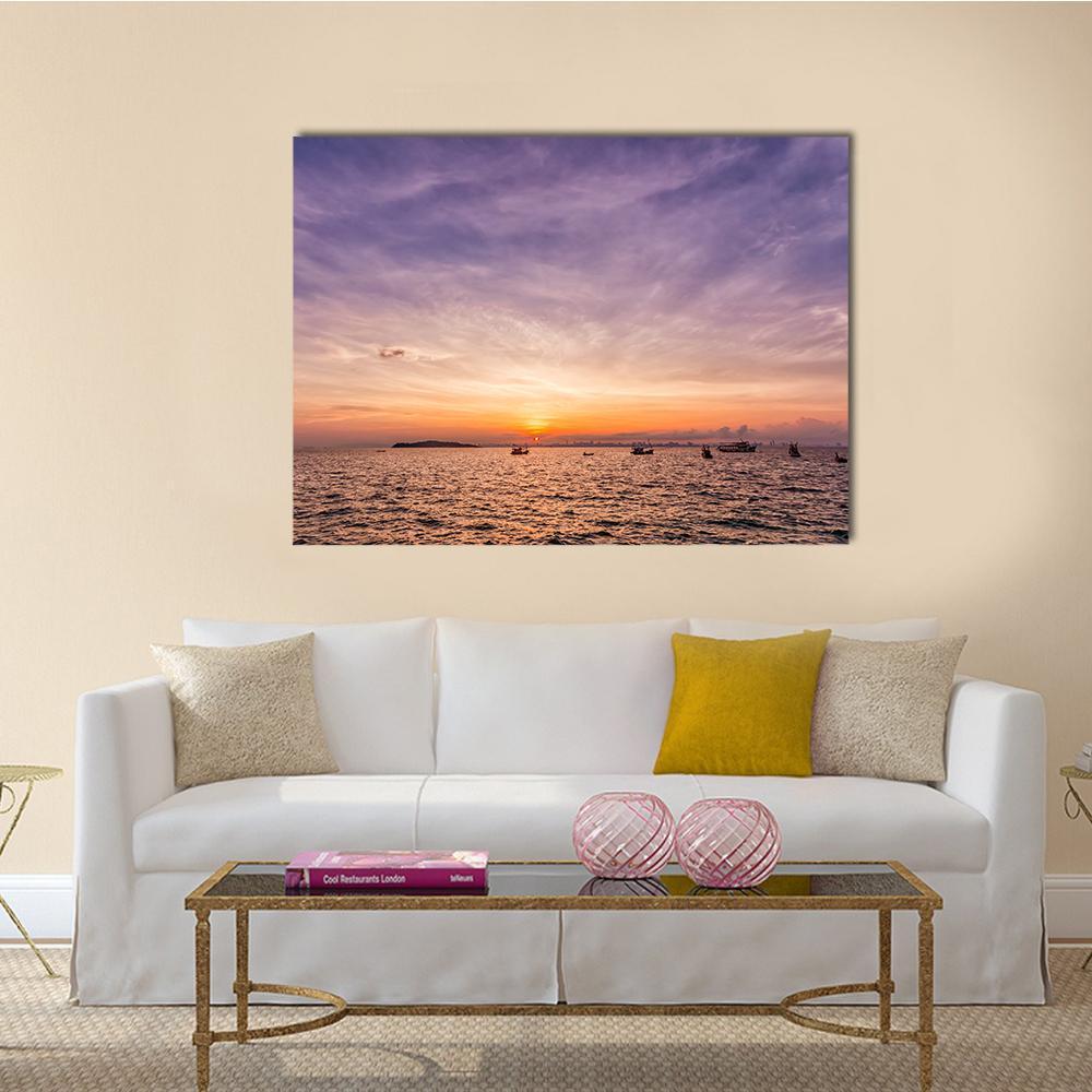 Sunset Over Ocean Beach Canvas Wall Art-5 Star-Gallery Wrap-62" x 32"-Tiaracle