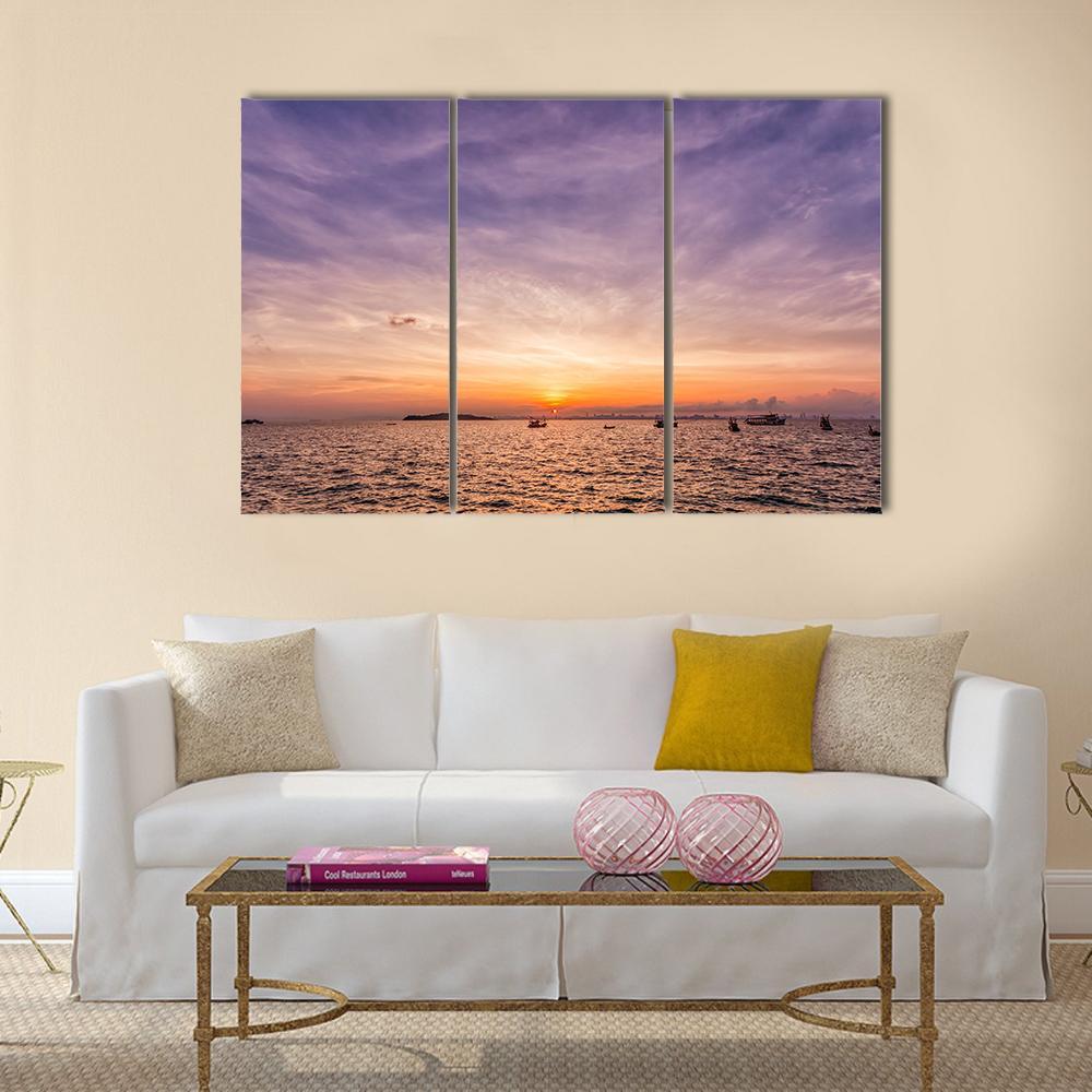 Sunset Over Ocean Beach Canvas Wall Art-3 Horizontal-Gallery Wrap-37" x 24"-Tiaracle