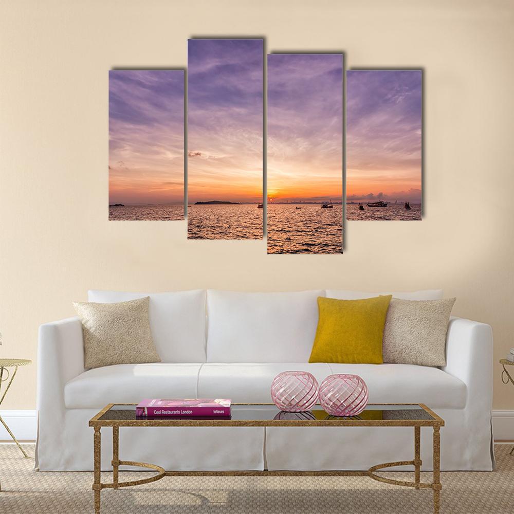 Sunset Over Ocean Beach Canvas Wall Art-4 Pop-Gallery Wrap-50" x 32"-Tiaracle