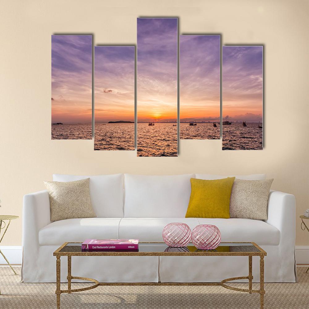 Sunset Over Ocean Beach Canvas Wall Art-5 Pop-Gallery Wrap-47" x 32"-Tiaracle