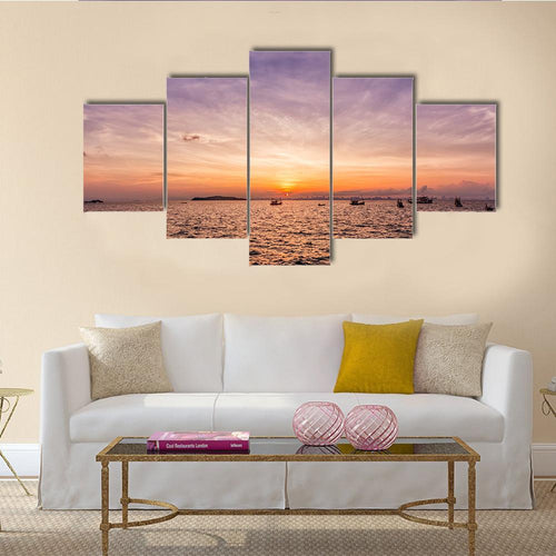 Sunset Over Ocean Beach Canvas Wall Art-5 Star-Gallery Wrap-62" x 32"-Tiaracle