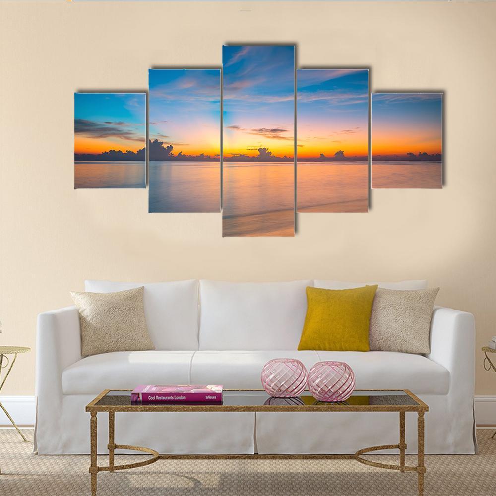 Sunset Over Ocean On Maldives Canvas Wall Art-5 Star-Gallery Wrap-62" x 32"-Tiaracle
