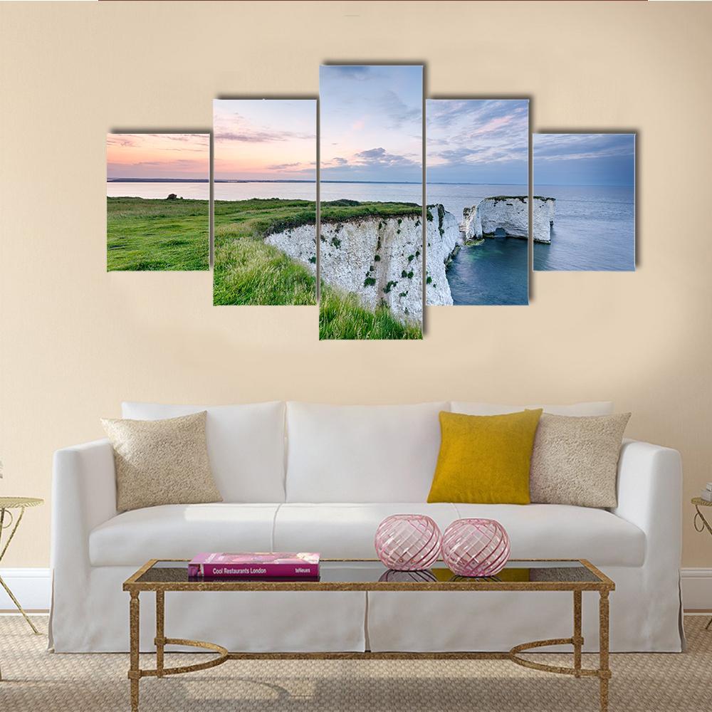 Sunset Over Old Harry Rocks Canvas Wall Art-5 Star-Gallery Wrap-62" x 32"-Tiaracle