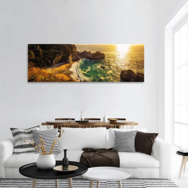 Sunset Over Pacific Coast Highway In California Panoramic Canvas Wall Art-3 Piece-25" x 08"-Tiaracle