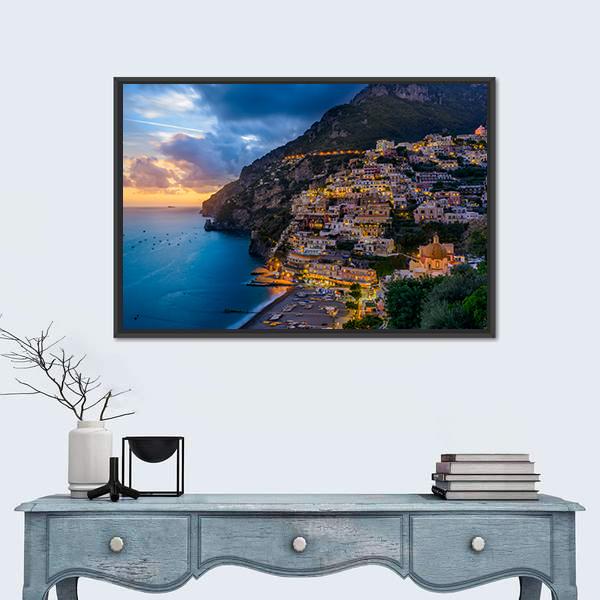 Sunset Over Positano At Amalfi Coast Canvas Wall Art-1 Piece-Floating Frame-24&quot; x 16&quot;-Tiaracle