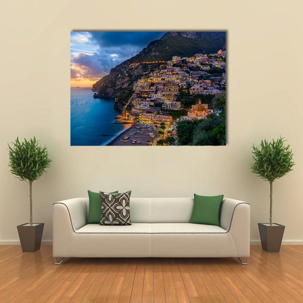 Sunset Over Positano At Amalfi Coast Canvas Wall Art-4 Horizontal-Gallery Wrap-34" x 24"-Tiaracle