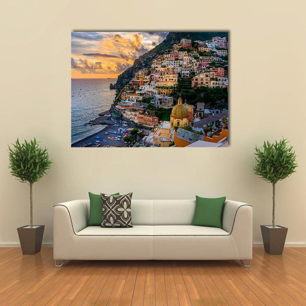 Sunset Over Positano At Amalfi Coast Canvas Wall Art-1 Piece-Gallery Wrap-36&quot; x 24&quot;-Tiaracle
