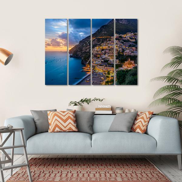 Sunset Over Positano At Amalfi Coast Canvas Wall Art-4 Horizontal-Gallery Wrap-34" x 24"-Tiaracle
