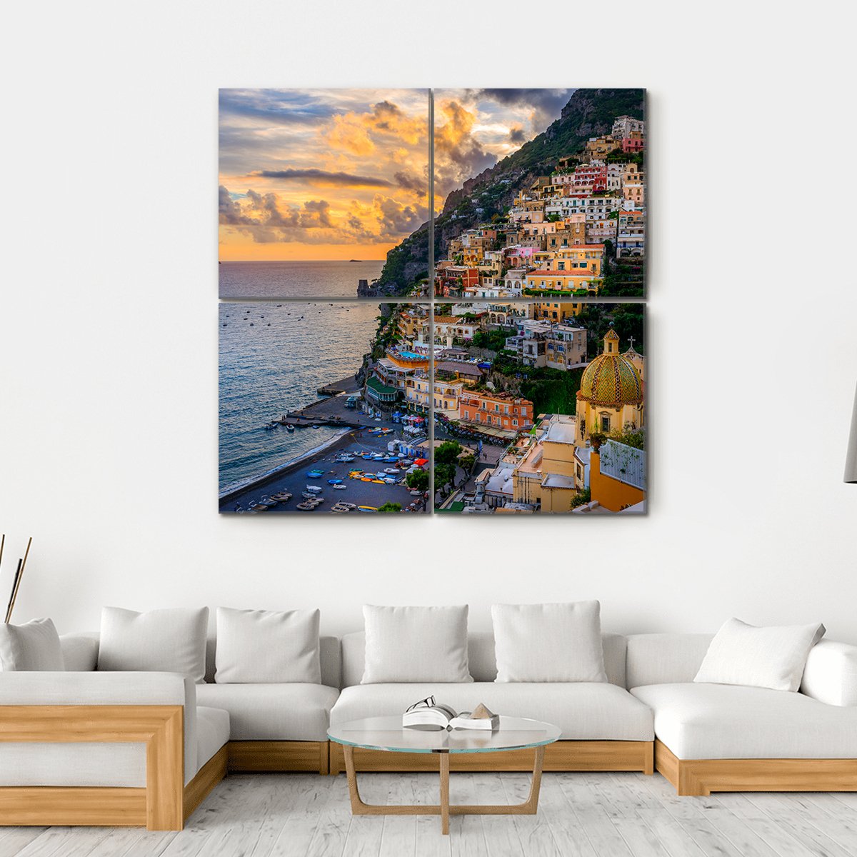 Sunset Over Positano At Amalfi Coast Canvas Wall Art-4 Square-Gallery Wrap-17&quot; x 17&quot;-Tiaracle