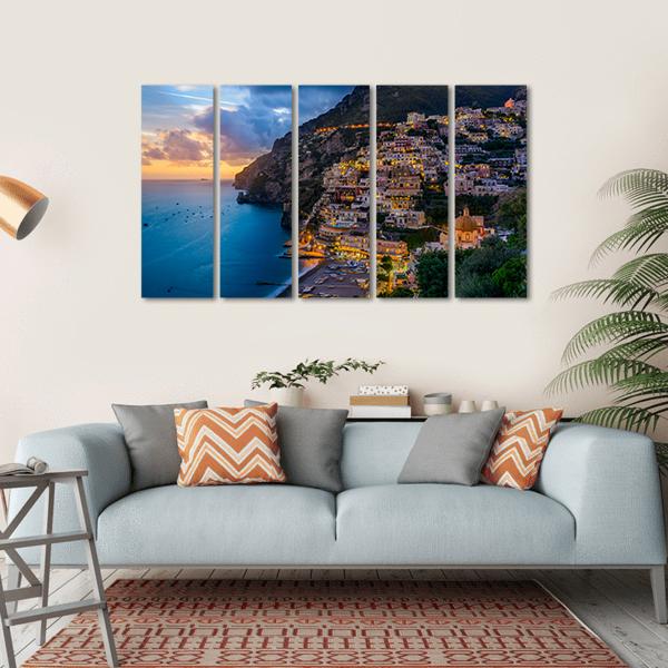 Sunset Over Positano At Amalfi Coast Canvas Wall Art-5 Horizontal-Gallery Wrap-22" x 12"-Tiaracle