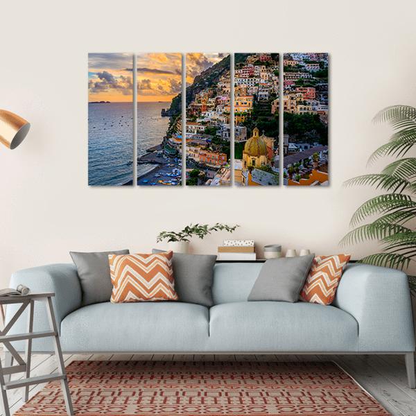 Sunset Over Positano At Amalfi Coast Canvas Wall Art-5 Horizontal-Gallery Wrap-22" x 12"-Tiaracle