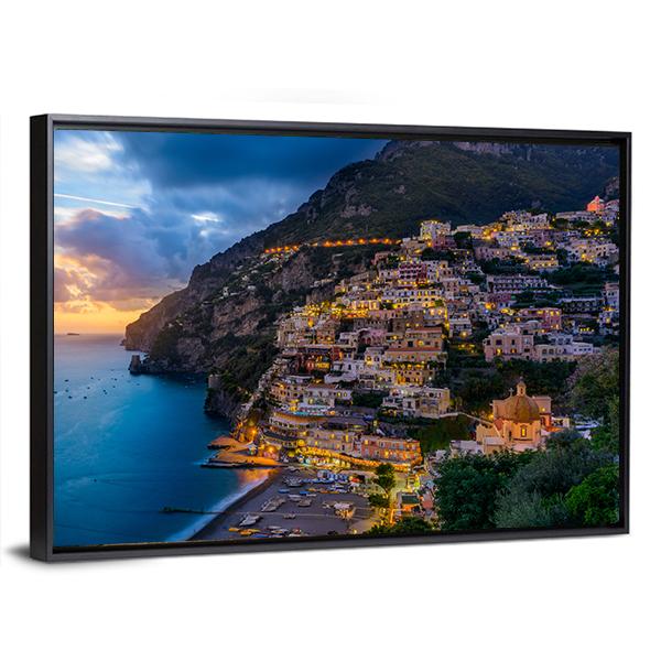 Sunset Over Positano At Amalfi Coast Canvas Wall Art-3 Horizontal-Gallery Wrap-25&quot; x 16&quot;-Tiaracle