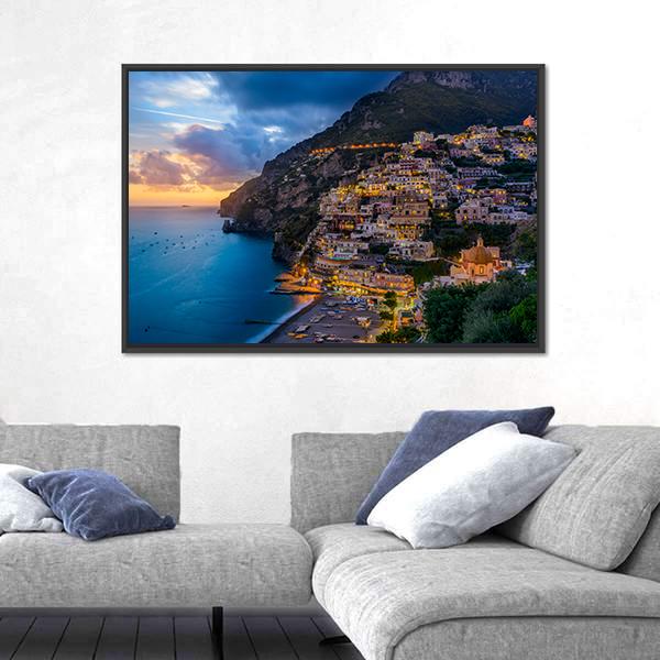 Sunset Over Positano At Amalfi Coast Canvas Wall Art-3 Horizontal-Gallery Wrap-25&quot; x 16&quot;-Tiaracle