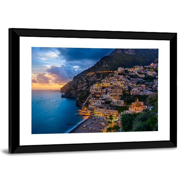 Sunset Over Positano At Amalfi Coast Canvas Wall Art-3 Horizontal-Gallery Wrap-25&quot; x 16&quot;-Tiaracle