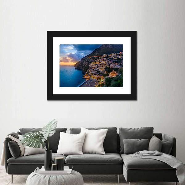 Sunset Over Positano At Amalfi Coast Canvas Wall Art-3 Horizontal-Gallery Wrap-25&quot; x 16&quot;-Tiaracle