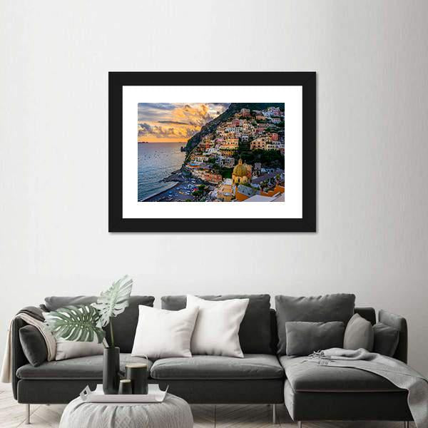 Sunset Over Positano At Amalfi Coast Canvas Wall Art-1 Piece-Framed Print-20" x 16"-Tiaracle