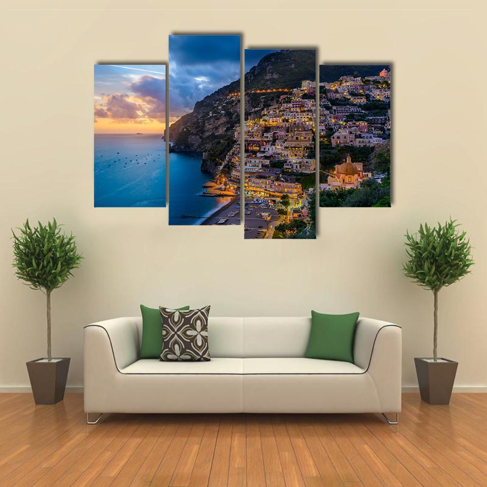 Sunset Over Positano At Amalfi Coast Canvas Wall Art-4 Pop-Gallery Wrap-50" x 32"-Tiaracle
