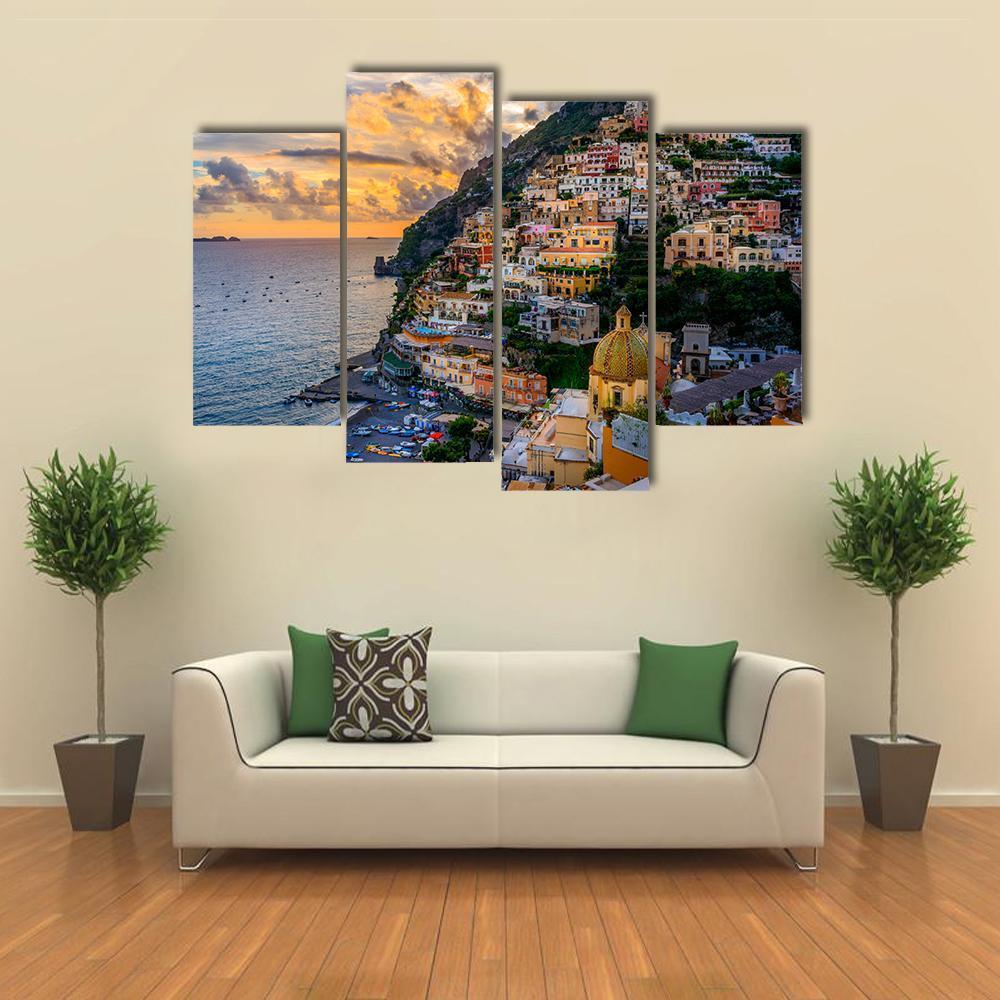 Sunset Over Positano At Amalfi Coast Canvas Wall Art-4 Pop-Gallery Wrap-50&quot; x 32&quot;-Tiaracle