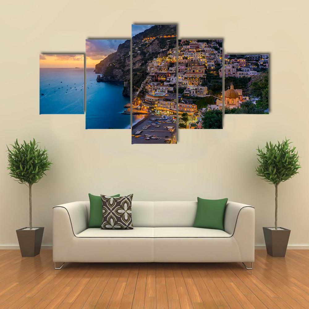 Sunset Over Positano At Amalfi Coast Canvas Wall Art-5 Star-Gallery Wrap-62&quot; x 32&quot;-Tiaracle