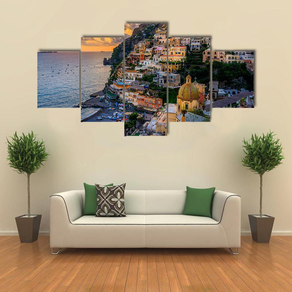 Sunset Over Positano At Amalfi Coast Canvas Wall Art-5 Star-Gallery Wrap-62" x 32"-Tiaracle