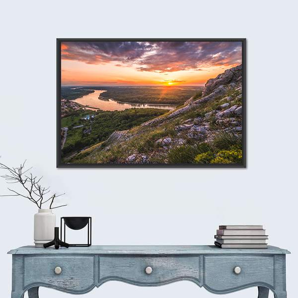 Sunset Over Rocks And River Canvas Wall Art-1 Piece-Floating Frame-24" x 16"-Tiaracle