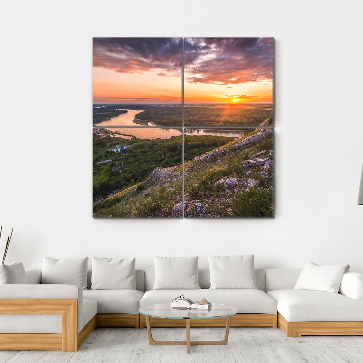 Sunset Over Rocks And River Canvas Wall Art-4 Square-Gallery Wrap-17" x 17"-Tiaracle