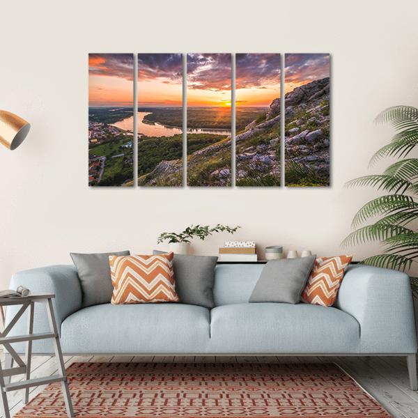 Sunset Over Rocks And River Canvas Wall Art-5 Horizontal-Gallery Wrap-22" x 12"-Tiaracle