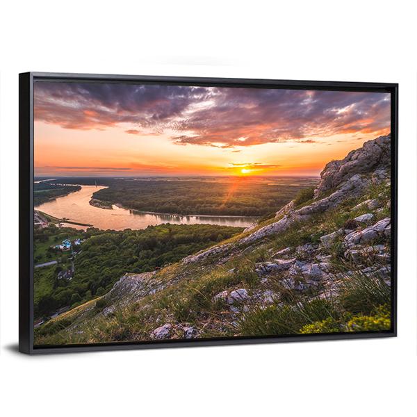 Sunset Over Rocks And River Canvas Wall Art-3 Horizontal-Gallery Wrap-25" x 16"-Tiaracle