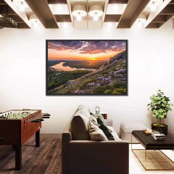 Sunset Over Rocks And River Canvas Wall Art-3 Horizontal-Gallery Wrap-25" x 16"-Tiaracle