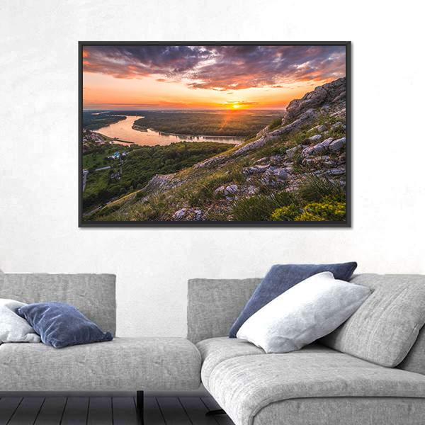 Sunset Over Rocks And River Canvas Wall Art-3 Horizontal-Gallery Wrap-25" x 16"-Tiaracle