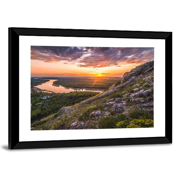 Sunset Over Rocks And River Canvas Wall Art-3 Horizontal-Gallery Wrap-25" x 16"-Tiaracle