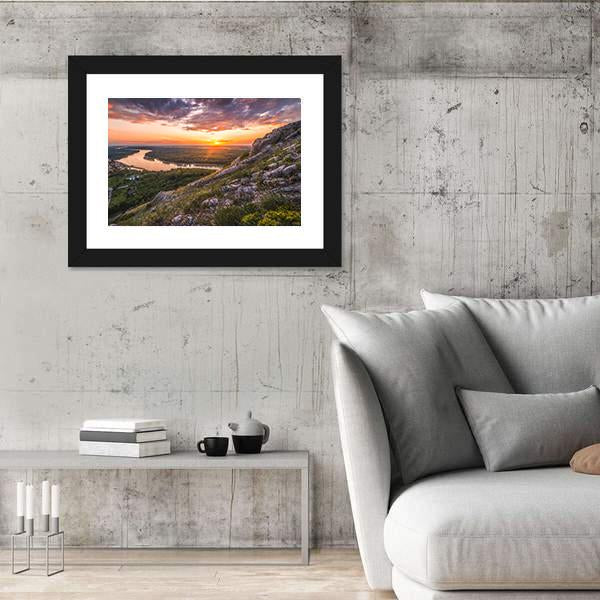 Sunset Over Rocks And River Canvas Wall Art-3 Horizontal-Gallery Wrap-25" x 16"-Tiaracle